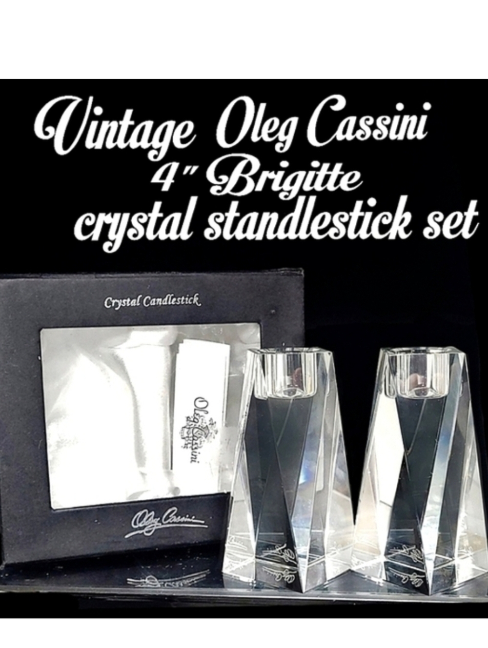 Vintage Authentic Crystal New Oleg Cassini "Brigitte" 4" candlestick set w/ box